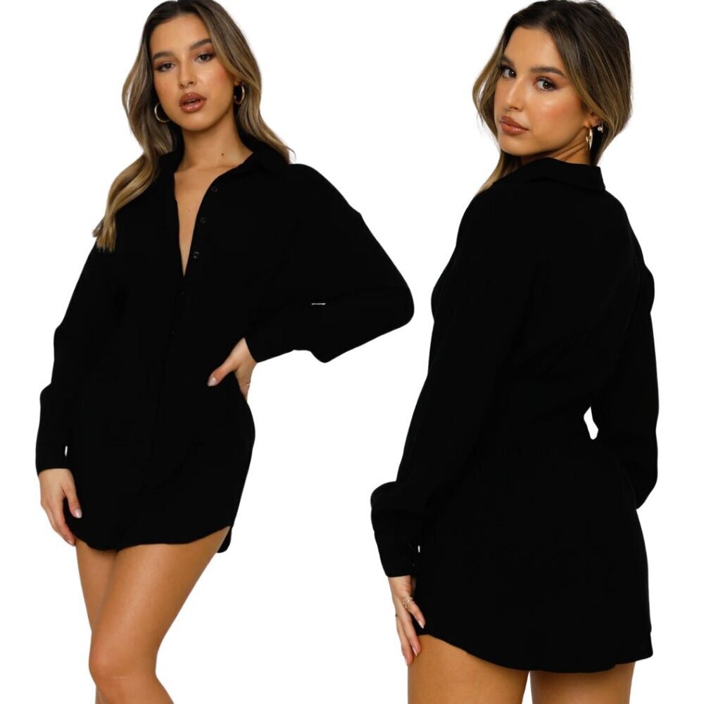 White Fox Feels Like A Holiday Shirt Dress Womens Small Black Micro Mini Pleated